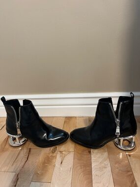 Jeffrey Campbell Black Patent Ankle Boots with Sculptural Silver Heels
